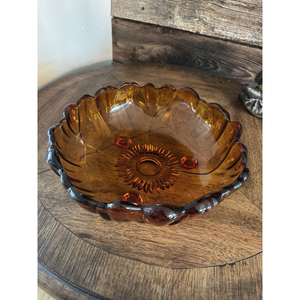 70s Amber Sunflower Indiana Glass Footed Serving Fruit Bowl Large 11"‎ VTG MCM